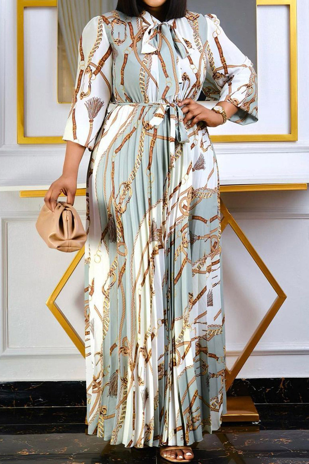 Women Plus Vintage Long Sleeve Printed Pleated Ribbon Long skirt Dress.