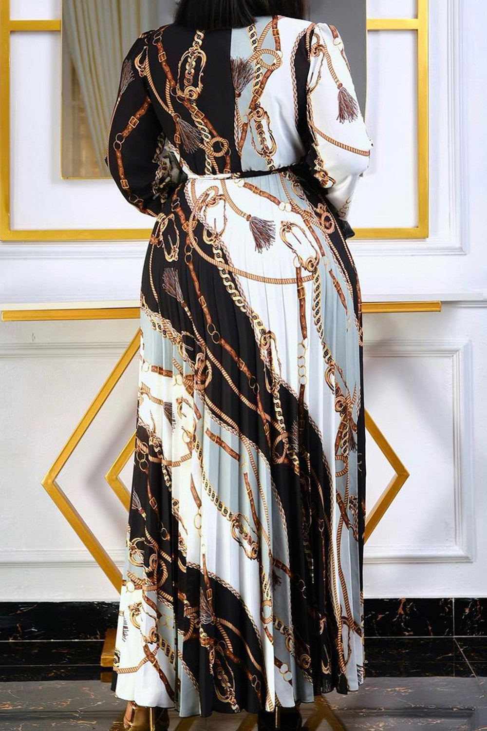 Women Plus Vintage Long Sleeve Printed Pleated Ribbon Long skirt Dress.