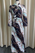 Women Plus Vintage Long Sleeve Printed Pleated Ribbon Long skirt Dress.