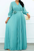 Women Plus V Neck High Waisted Party Long Chiffon Dress