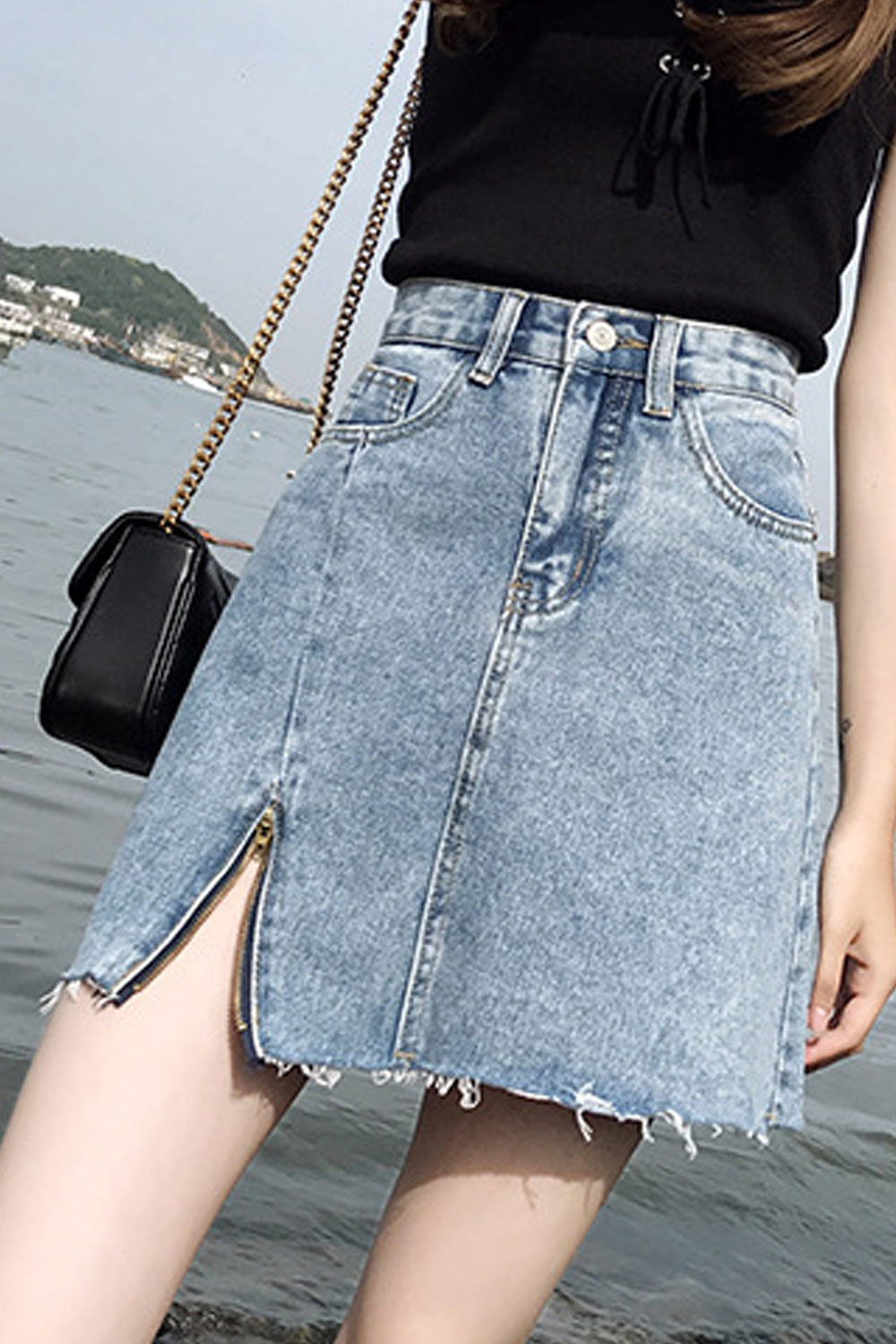 Women Slit Style Solid Colored Magnificent Summer Casual Denim Skirt
