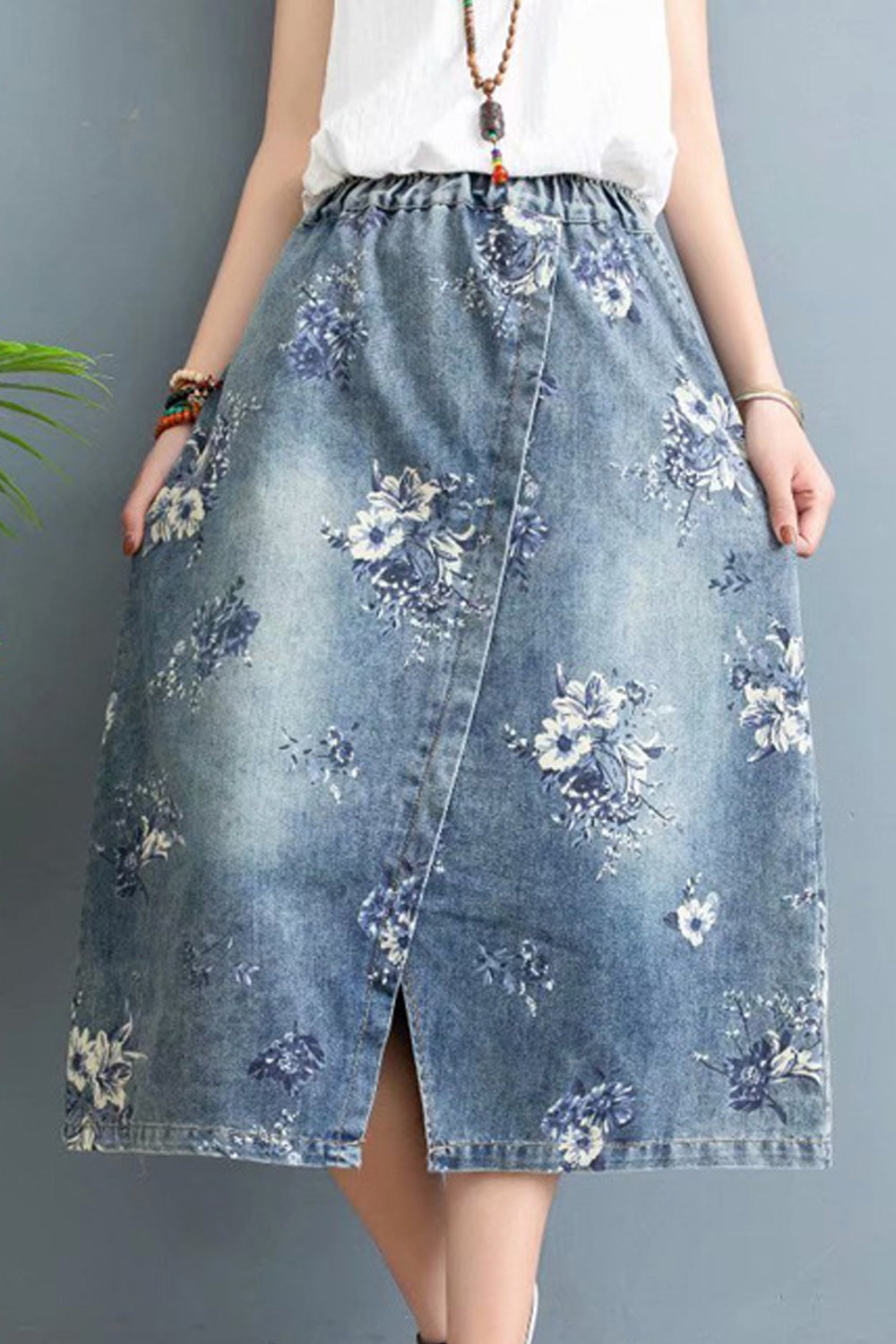 Women Elasticated Waist Loose Fashionable Flower Printed Denim Skirt