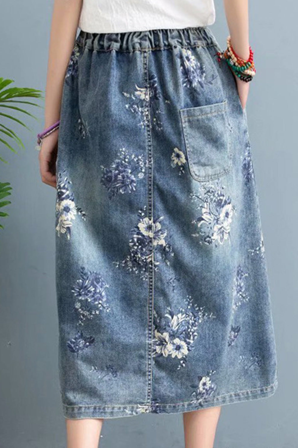 Women Elasticated Waist Loose Fashionable Flower Printed Denim Skirt