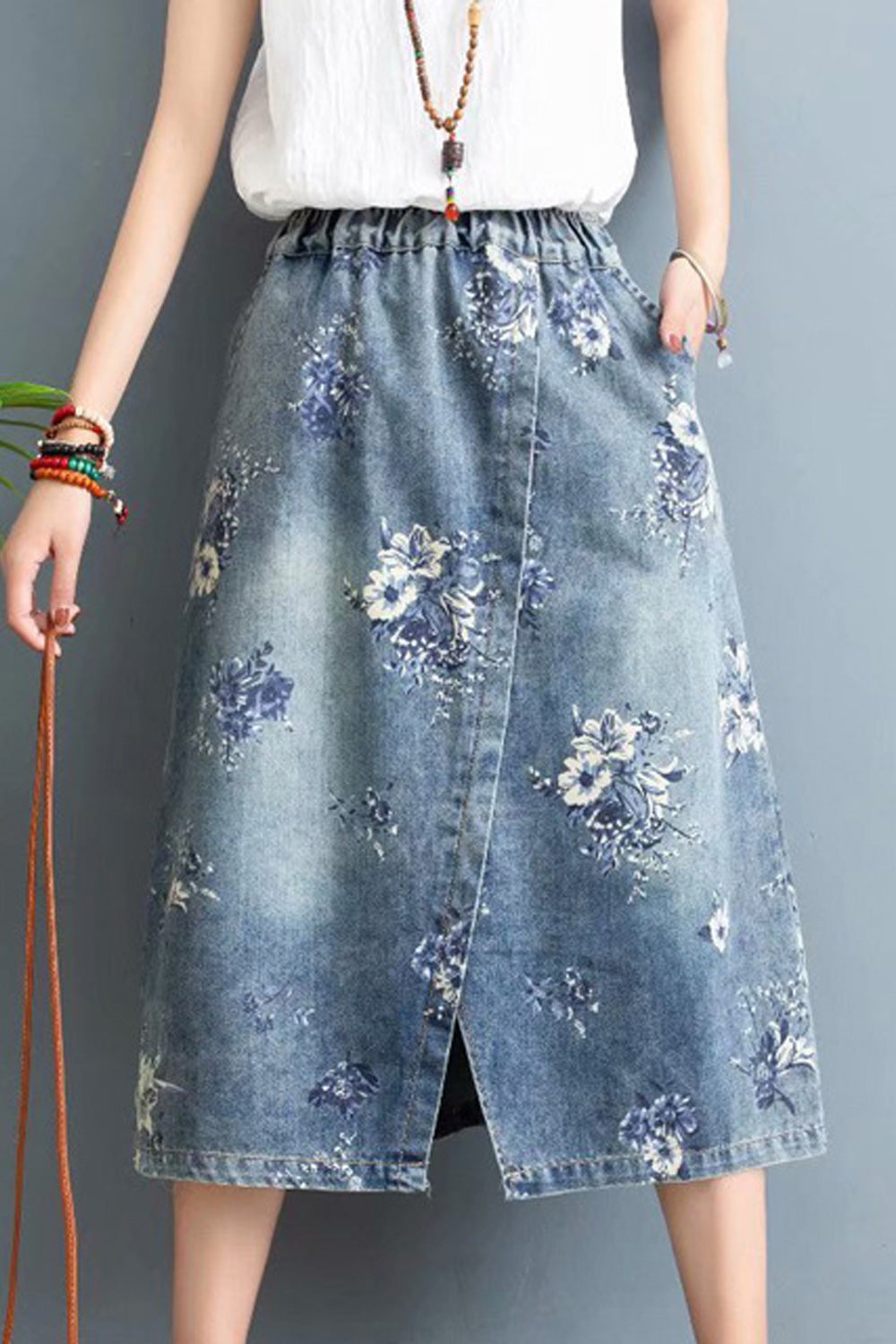 Women Elasticated Waist Loose Fashionable Flower Printed Denim Skirt