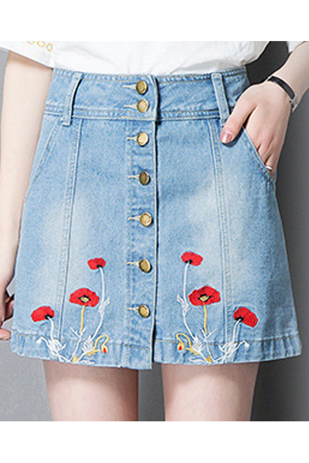 Women Belt Loops Flower Embroidered Button Closure Casual Skirt