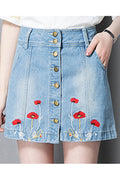 Women Belt Loops Flower Embroidered Button Closure Casual Skirt