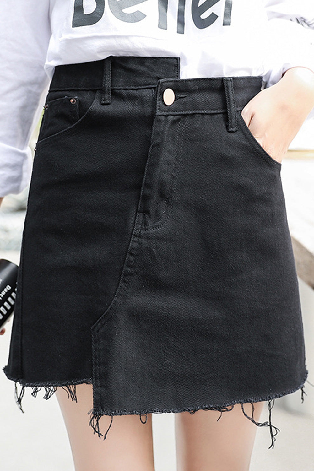 Women Summer Irregular Hem Button Closure Pocket Styling Casual Denim Skirt