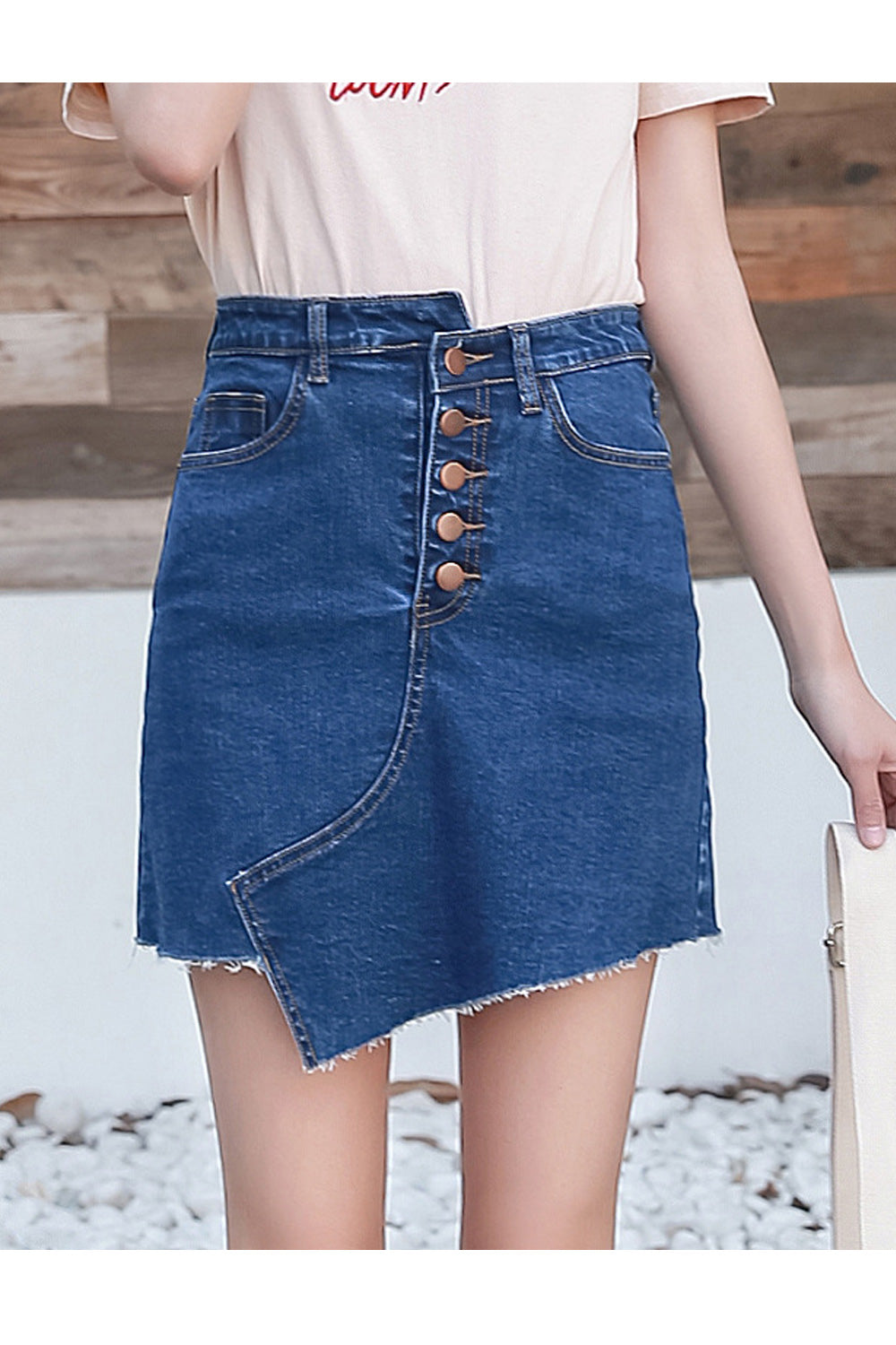 Women Fashionable Multi Button Irregular Hem Summer Convenient Denim Skirt