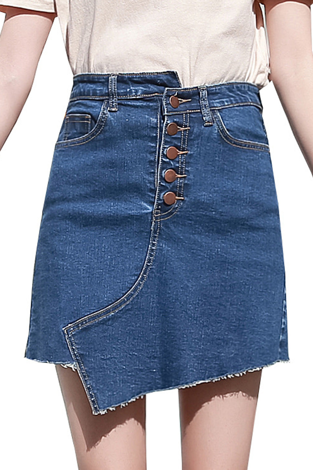 Women Fashionable Multi Button Irregular Hem Summer Convenient Denim Skirt