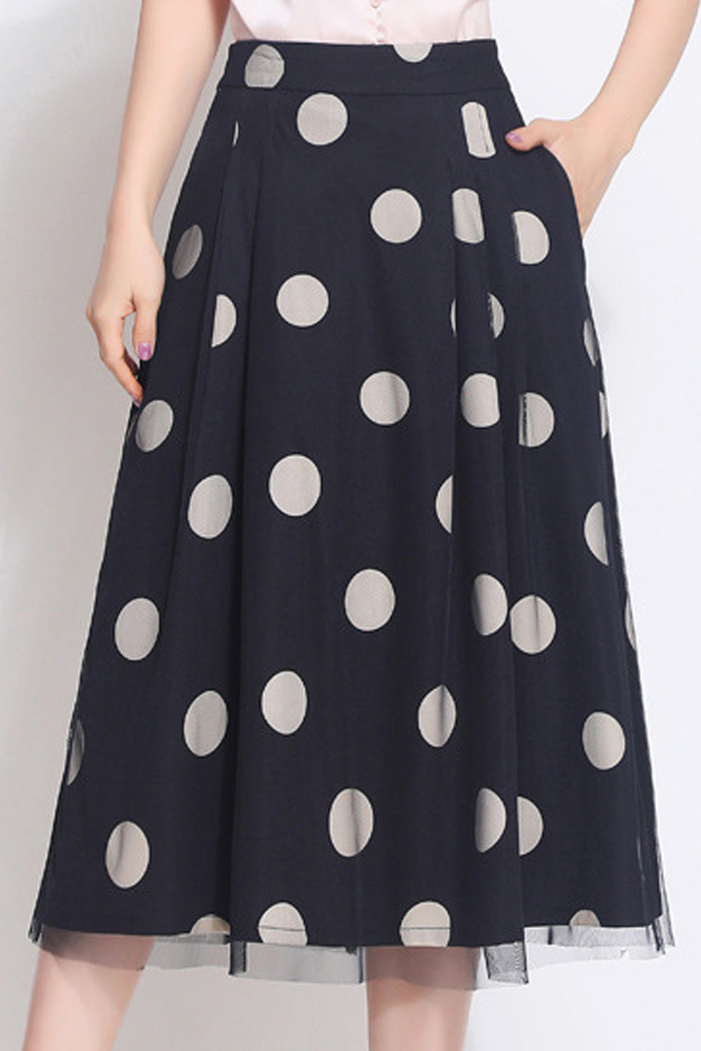 Women Fascinating Polka Dotted Thin High Waist Mid Length Skirt