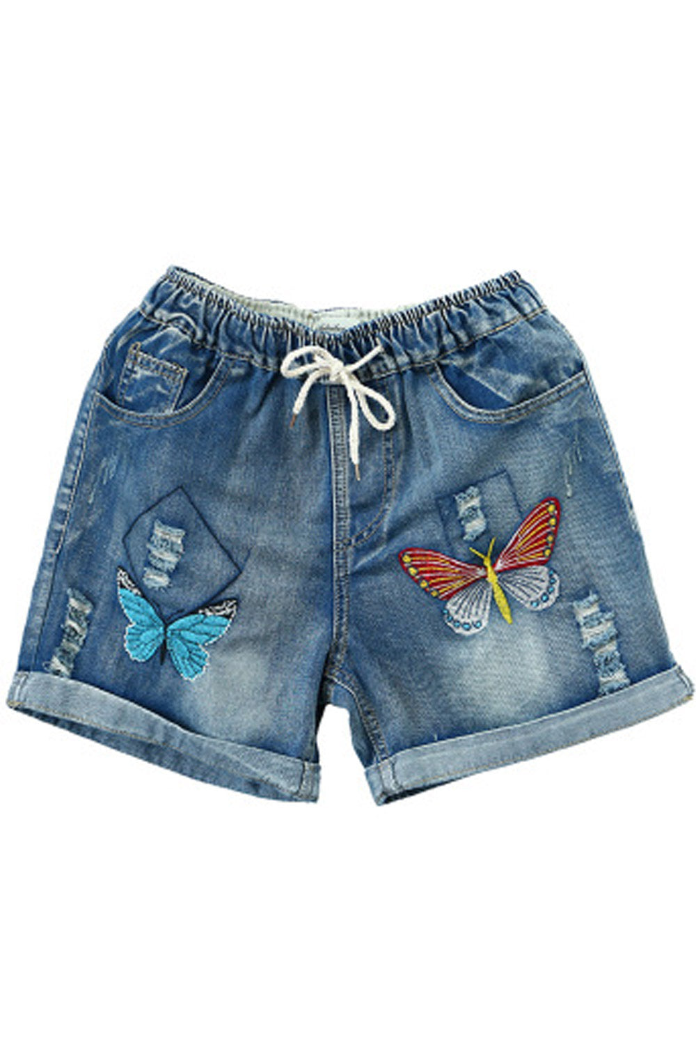 Women Fashionable Frayed Casual Loose Embroidered Denim Short