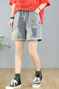 Women Fashionable Cartoon Embroidered Drawstring Easy Denim Short