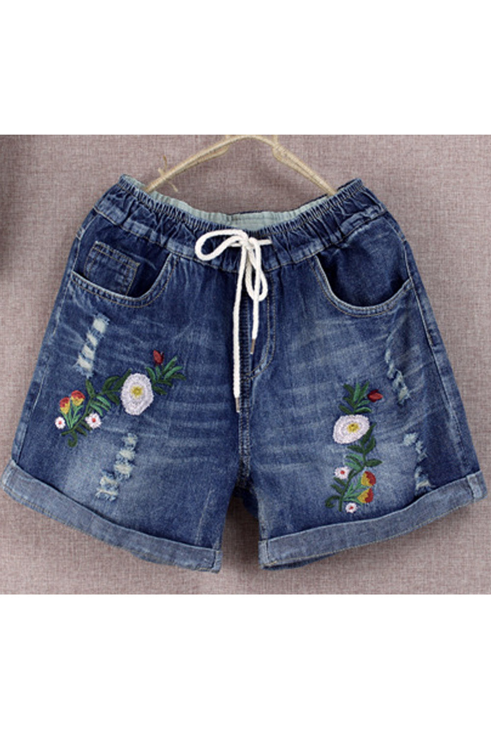 Women Comfortable Drawstring Flower Embroidered Side Pockets Denim Short