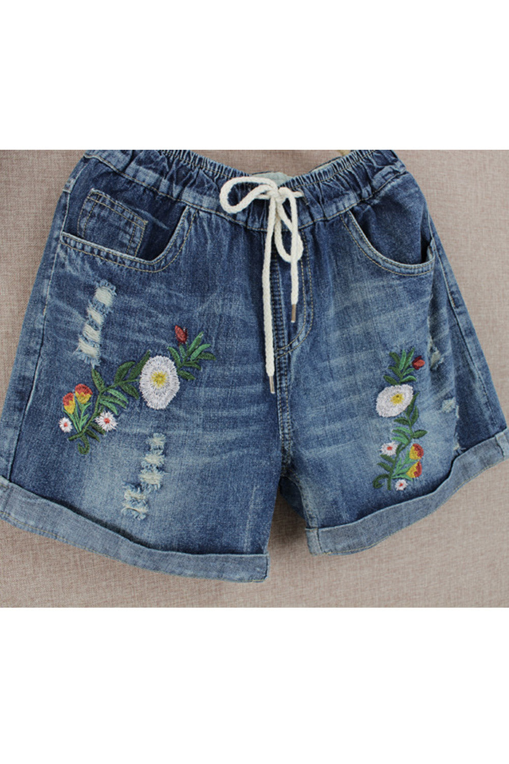 Women Comfortable Drawstring Flower Embroidered Side Pockets Denim Short