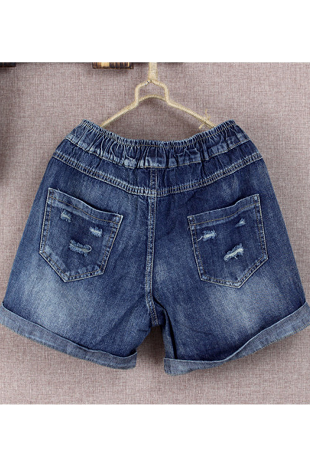 Women Comfortable Drawstring Flower Embroidered Side Pockets Denim Short