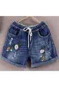 Women Comfortable Drawstring Flower Embroidered Side Pockets Denim Short