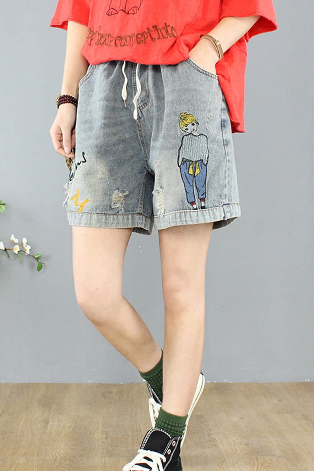 Women Soft Loose Styled Breathable Comfy Drawstring Denim Short