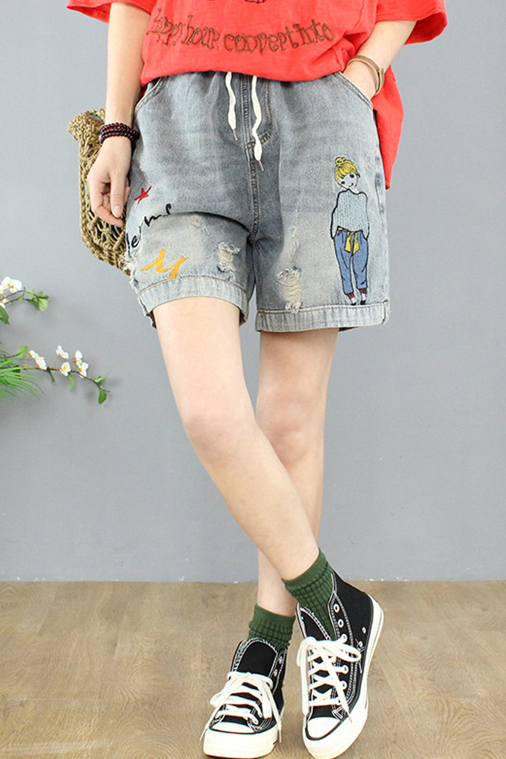 Women Soft Loose Styled Breathable Comfy Drawstring Denim Short