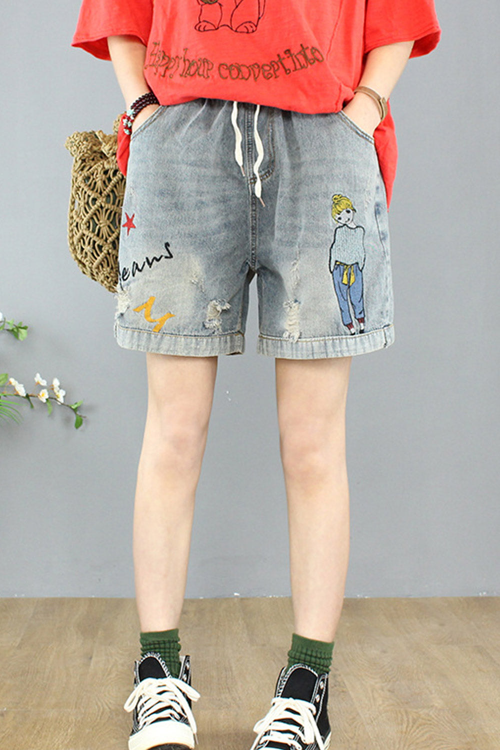 Women Soft Loose Styled Breathable Comfy Drawstring Denim Short
