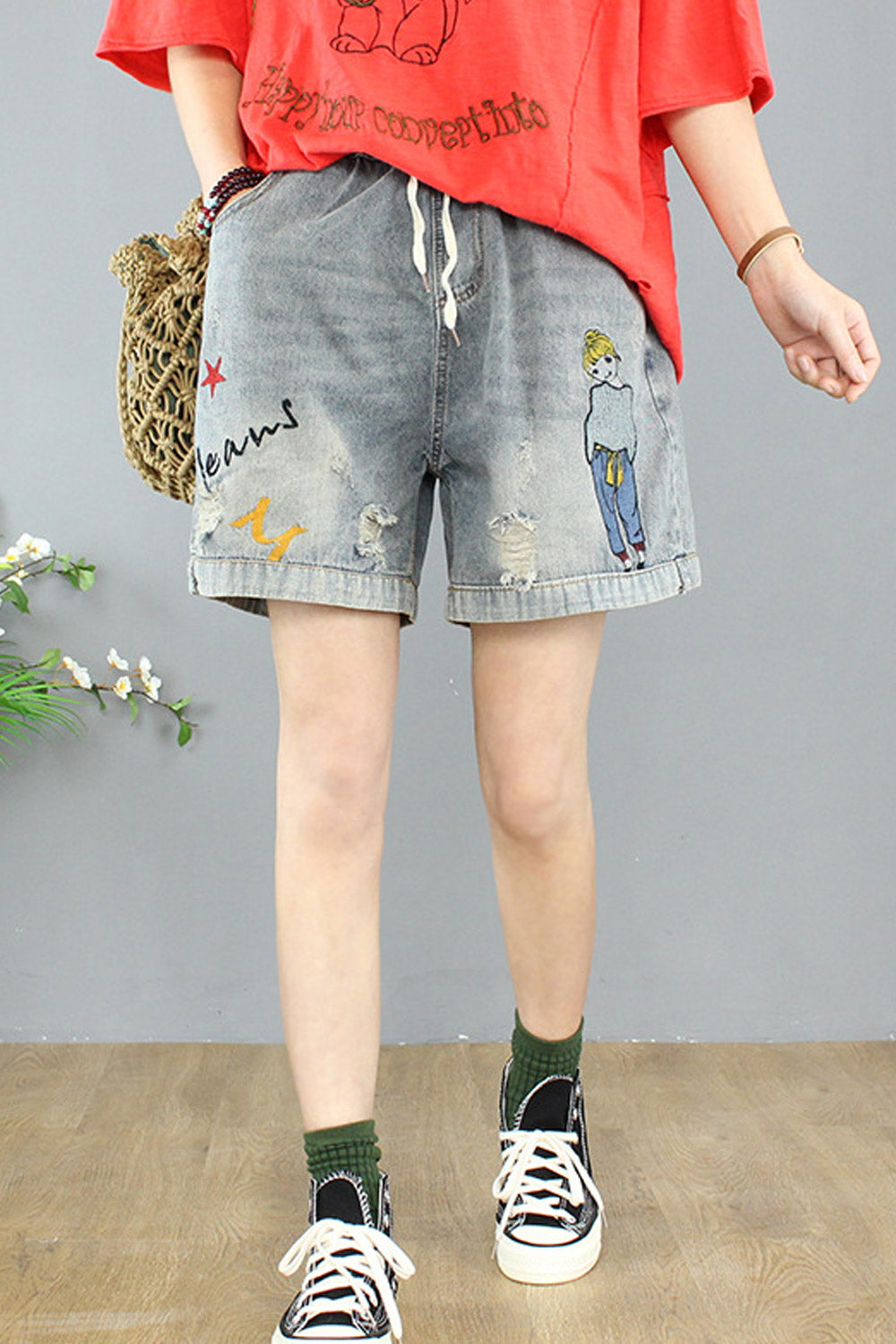 Women Soft Loose Styled Breathable Comfy Drawstring Denim Short