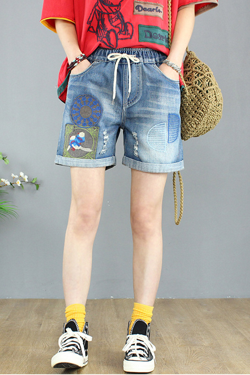 Women Convenient Drawstring Waist Side Pockets Denim Short