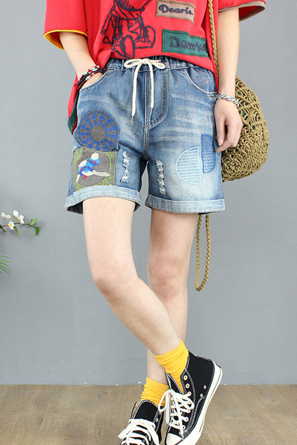 Women Convenient Drawstring Waist Side Pockets Denim Short