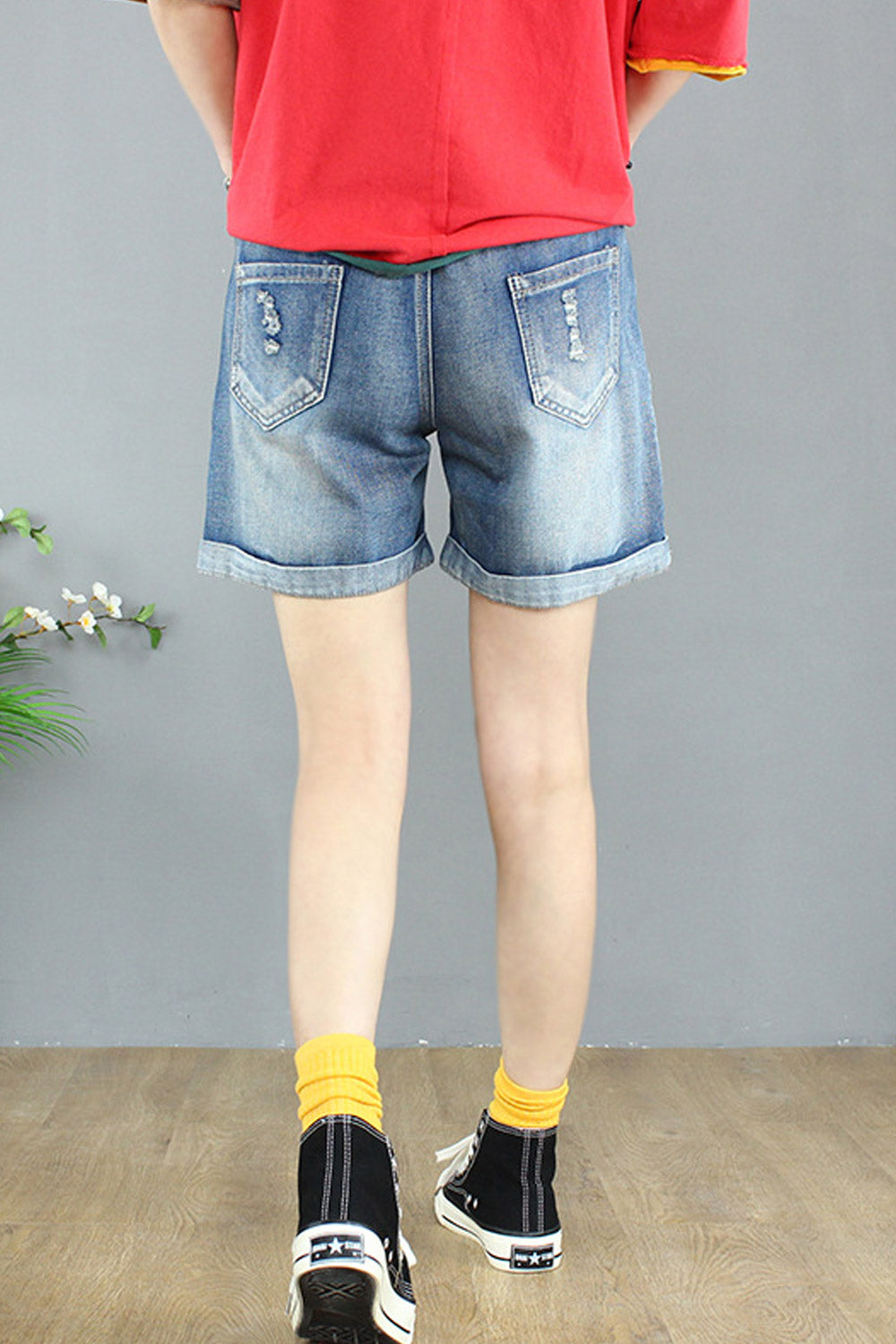 Women Convenient Drawstring Waist Side Pockets Denim Short