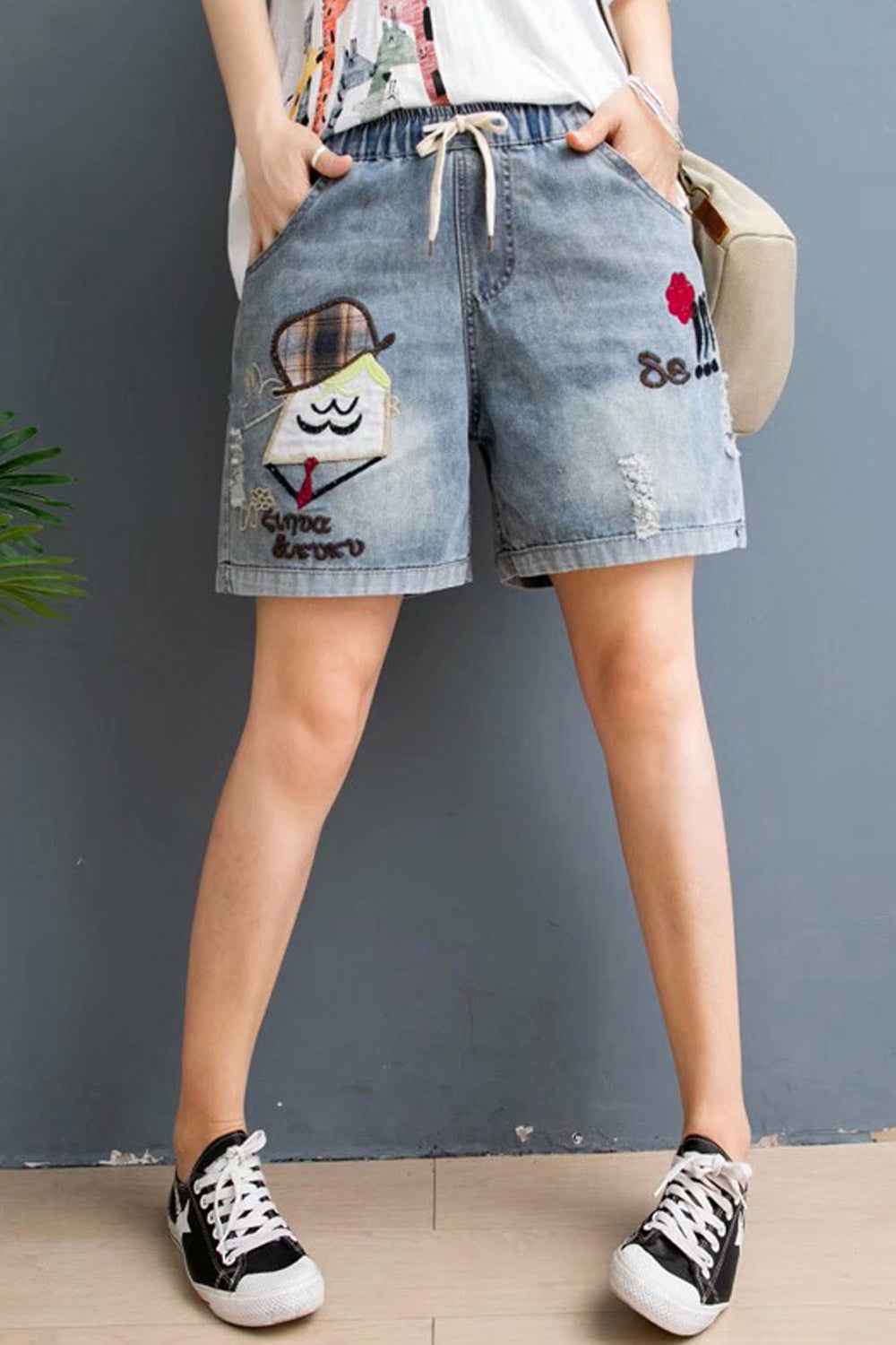 Women Cartoon Embroidered Breathable Loose Comfy Drawstring Denim Short