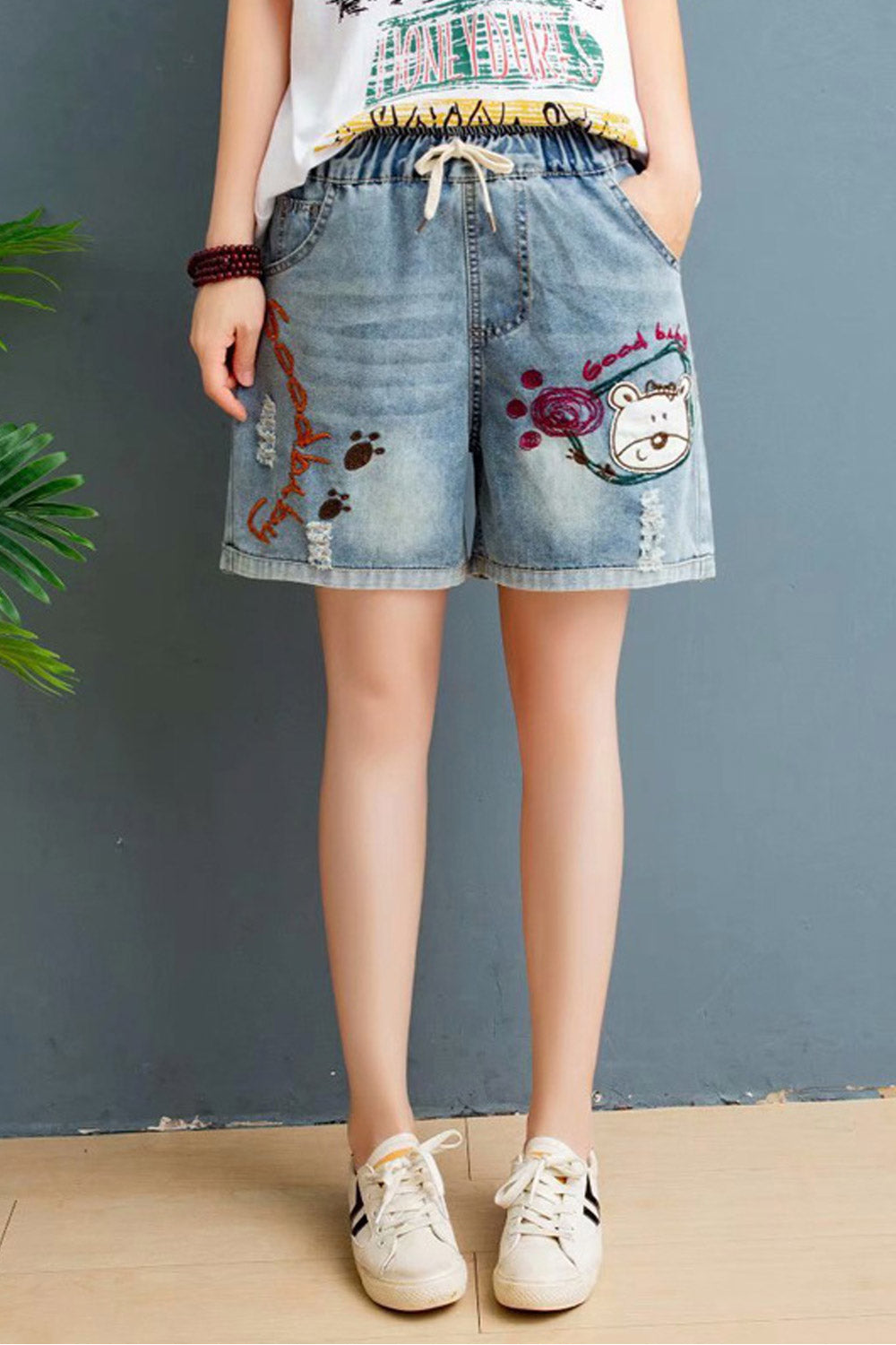 Women Amazing Embroidered Style Casual Drawstring Pocket Denim Shirt