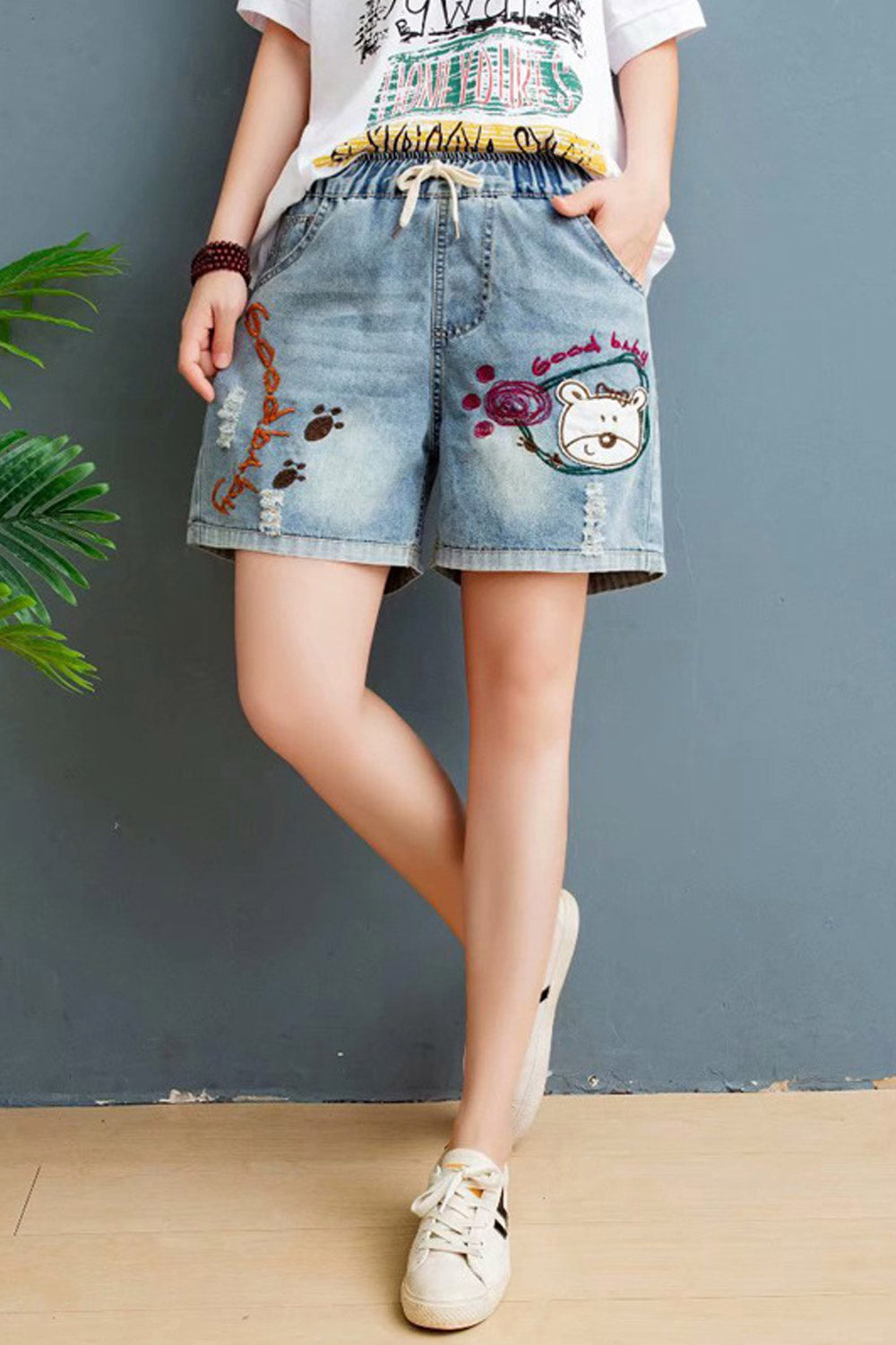 Women Amazing Embroidered Style Casual Drawstring Pocket Denim Shirt