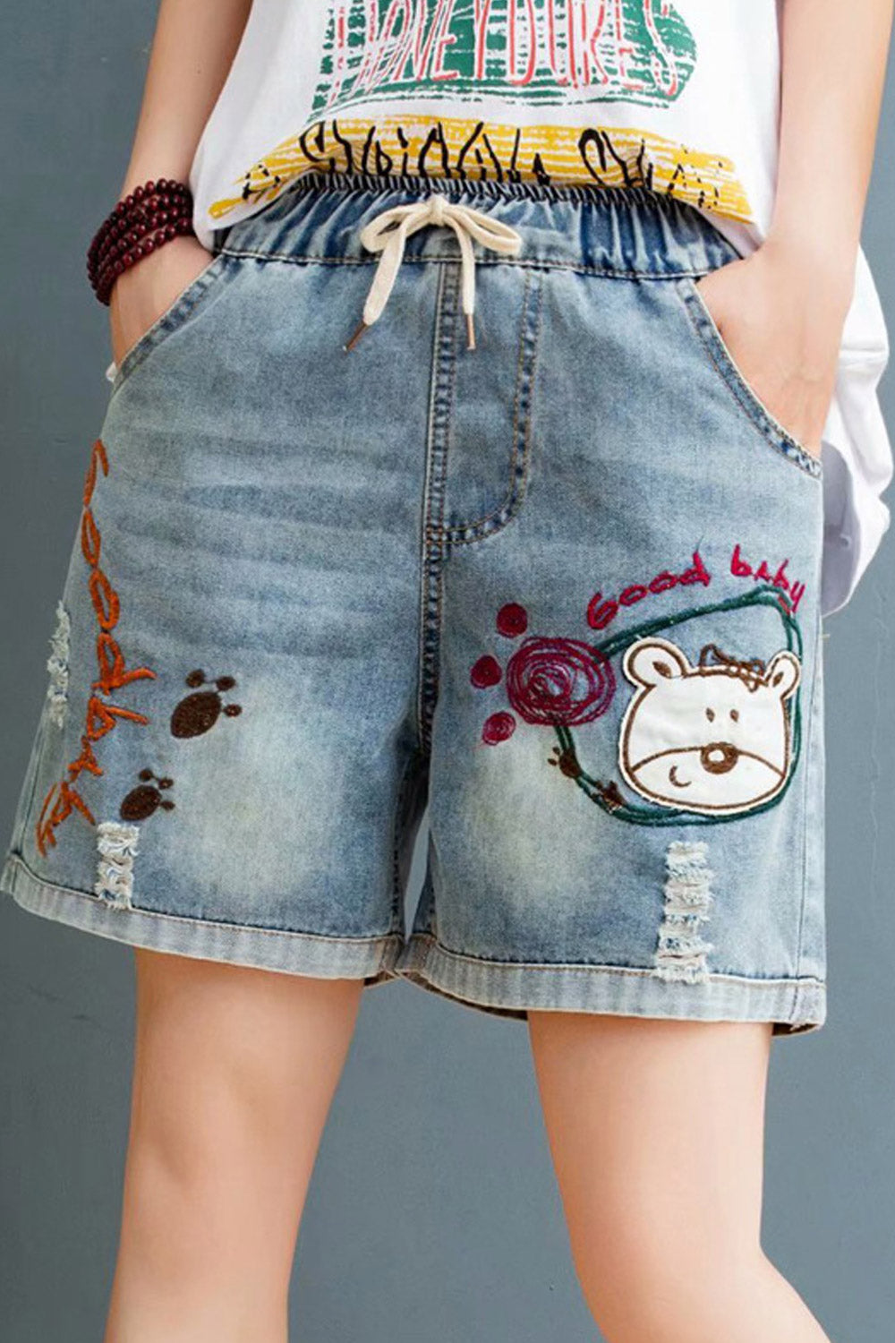 Women Amazing Embroidered Style Casual Drawstring Pocket Denim Shirt