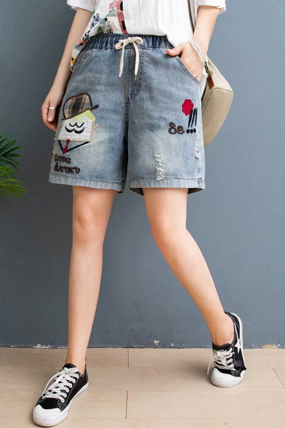 Women Cartoon Embroidered Breathable Loose Comfy Drawstring Denim Short