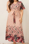 Women Plus Summer Elegant V Neck Flare Sleeve Urban Casual Print Loose Dress