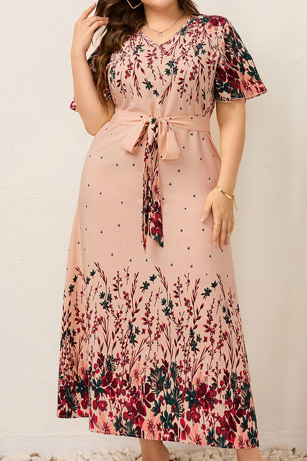 Women Plus Summer Elegant V Neck Flare Sleeve Urban Casual Print Loose Dress