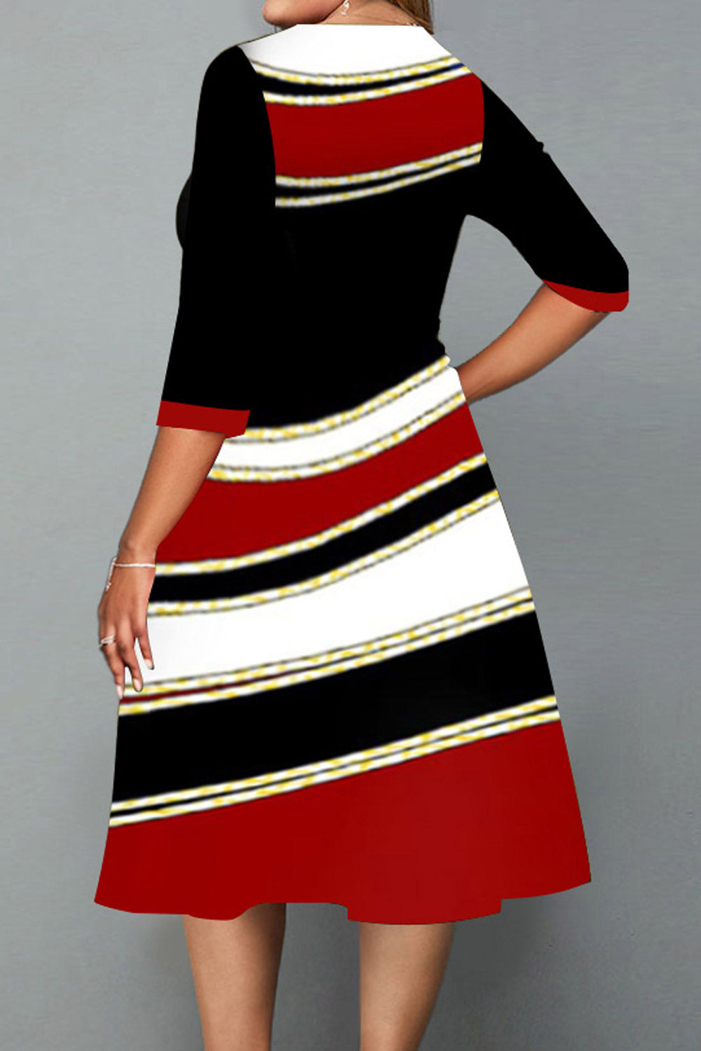 Women Plus Round Neck Vintage Geometric Three Quarter Sleeve A-Line Dress