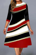 Women Plus Round Neck Vintage Geometric Three Quarter Sleeve A-Line Dress