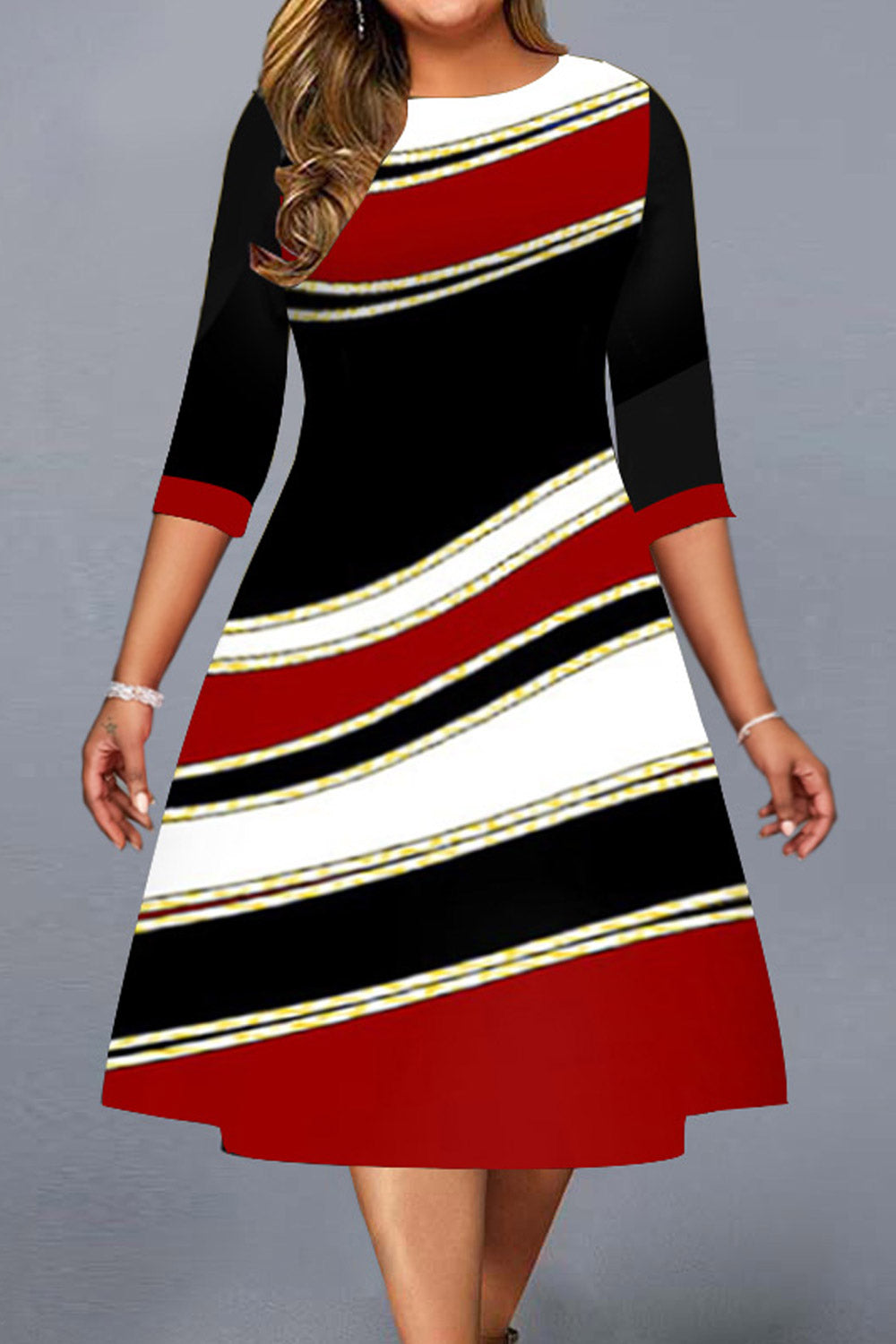 Women Plus Round Neck Vintage Geometric Three Quarter Sleeve A-Line Dress