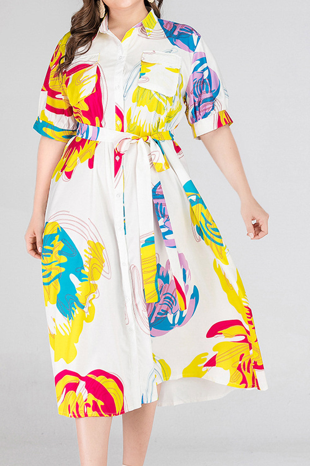 Women Plus Fashion Printed Mid-Sleeve Lace-Up Waist Lapel Shirt Dress