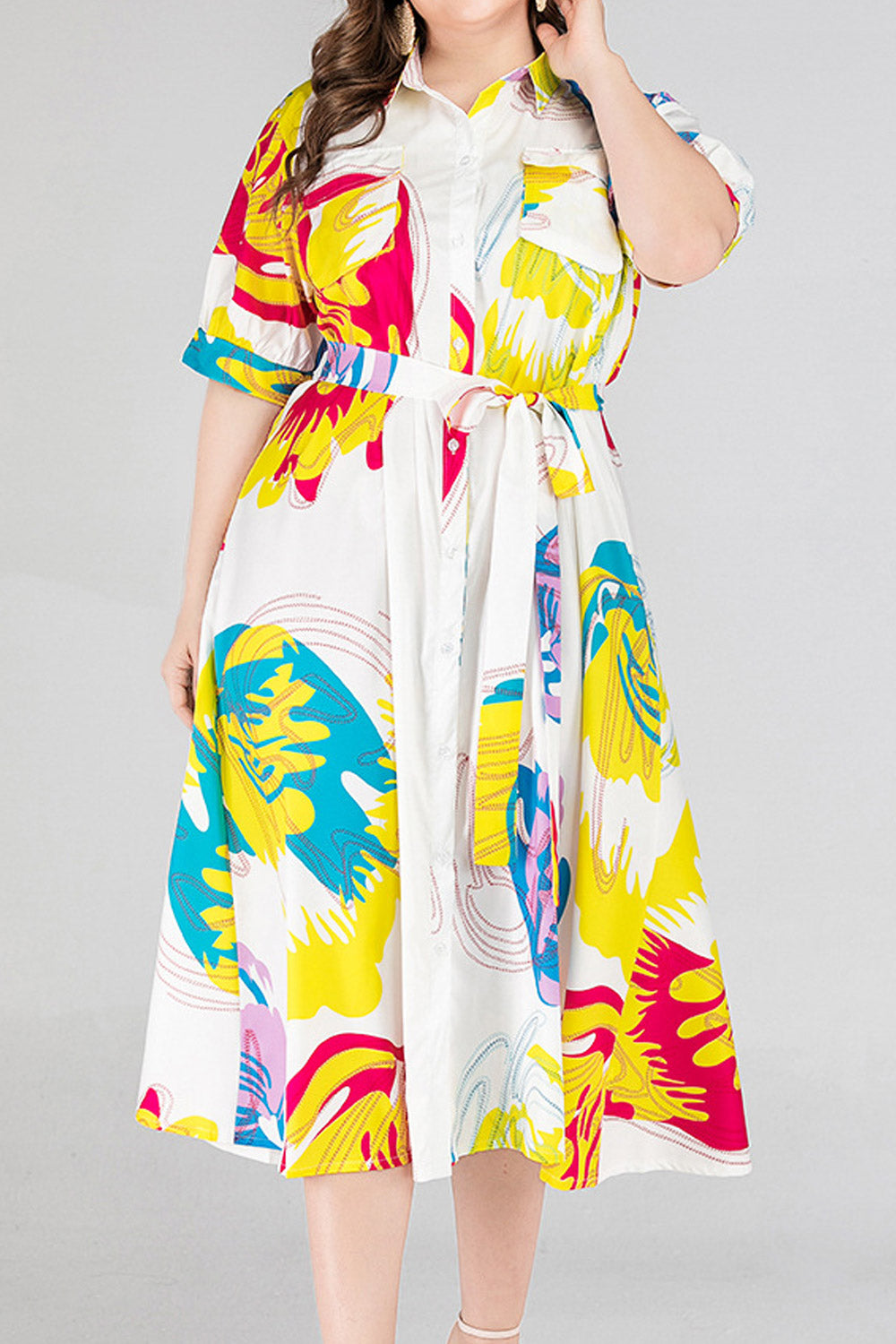 Women Plus Fashion Printed Mid-Sleeve Lace-Up Waist Lapel Shirt Dress