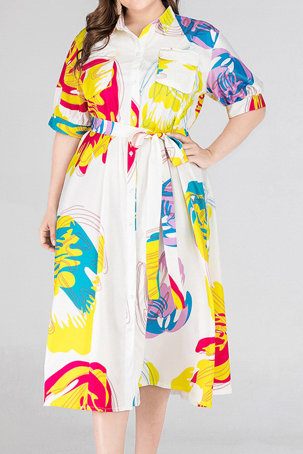 Women Plus Fashion Printed Mid-Sleeve Lace-Up Waist Lapel Shirt Dress
