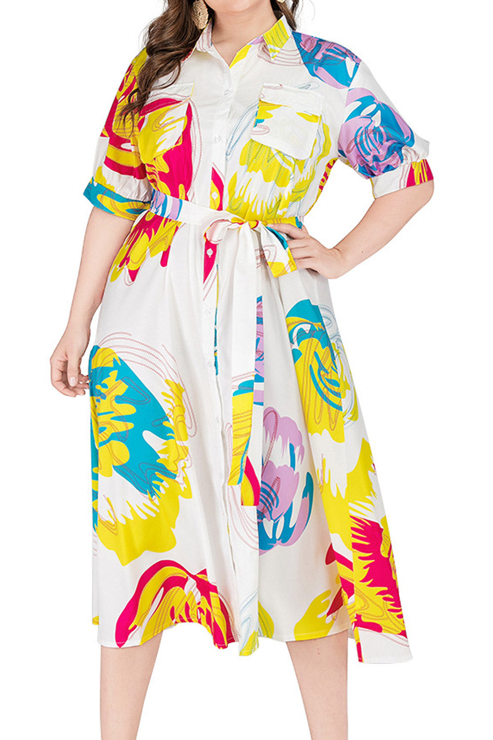 Women Plus Fashion Printed Mid-Sleeve Lace-Up Waist Lapel Shirt Dress