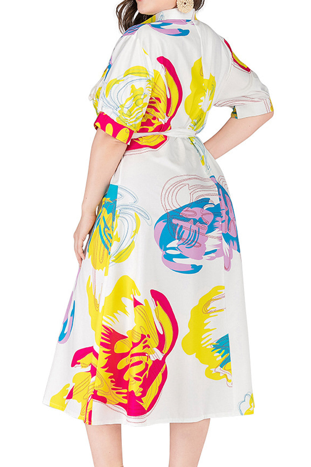 Women Plus Fashion Printed Mid-Sleeve Lace-Up Waist Lapel Shirt Dress