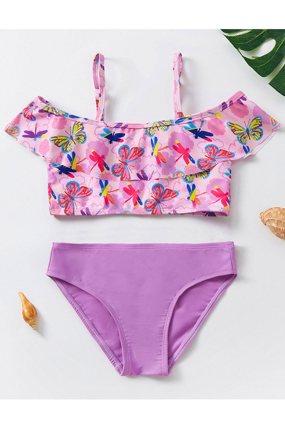 Kid Girls Butterfly Print With Ruffle Two Piece Swimwear