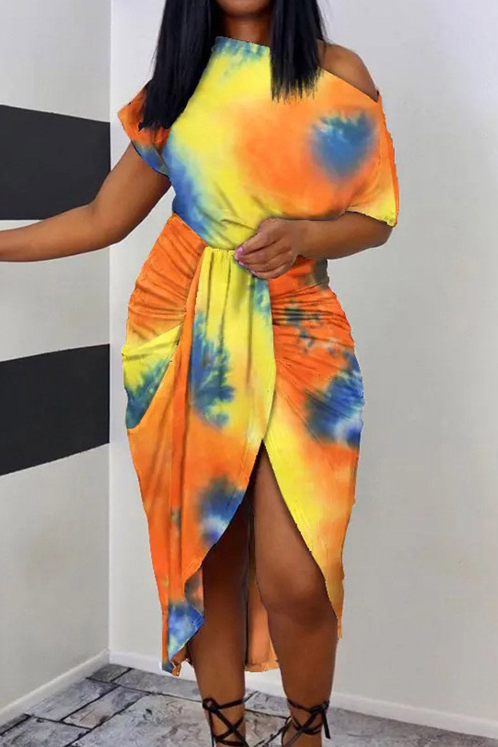 Women Off Shoulder Short Sleeve Diagonal collar Striped Print Summer Dress