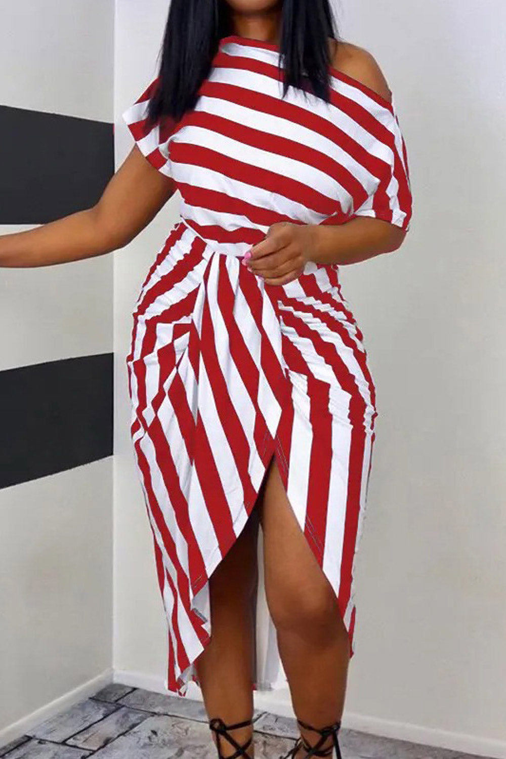 Women Off Shoulder Short Sleeve Diagonal collar Striped Print Summer Dress
