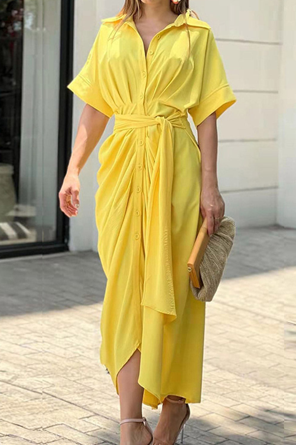 Women Summer Loose Pleated Design Short Sleeve With Button Lapel Lace-Up Solid Shirt Dress