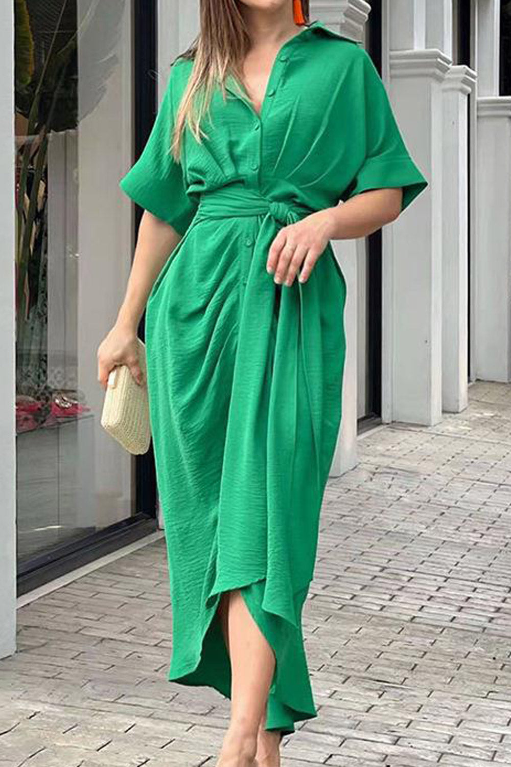 Women Summer Loose Pleated Design Short Sleeve With Button Lapel Lace-Up Solid Shirt Dress