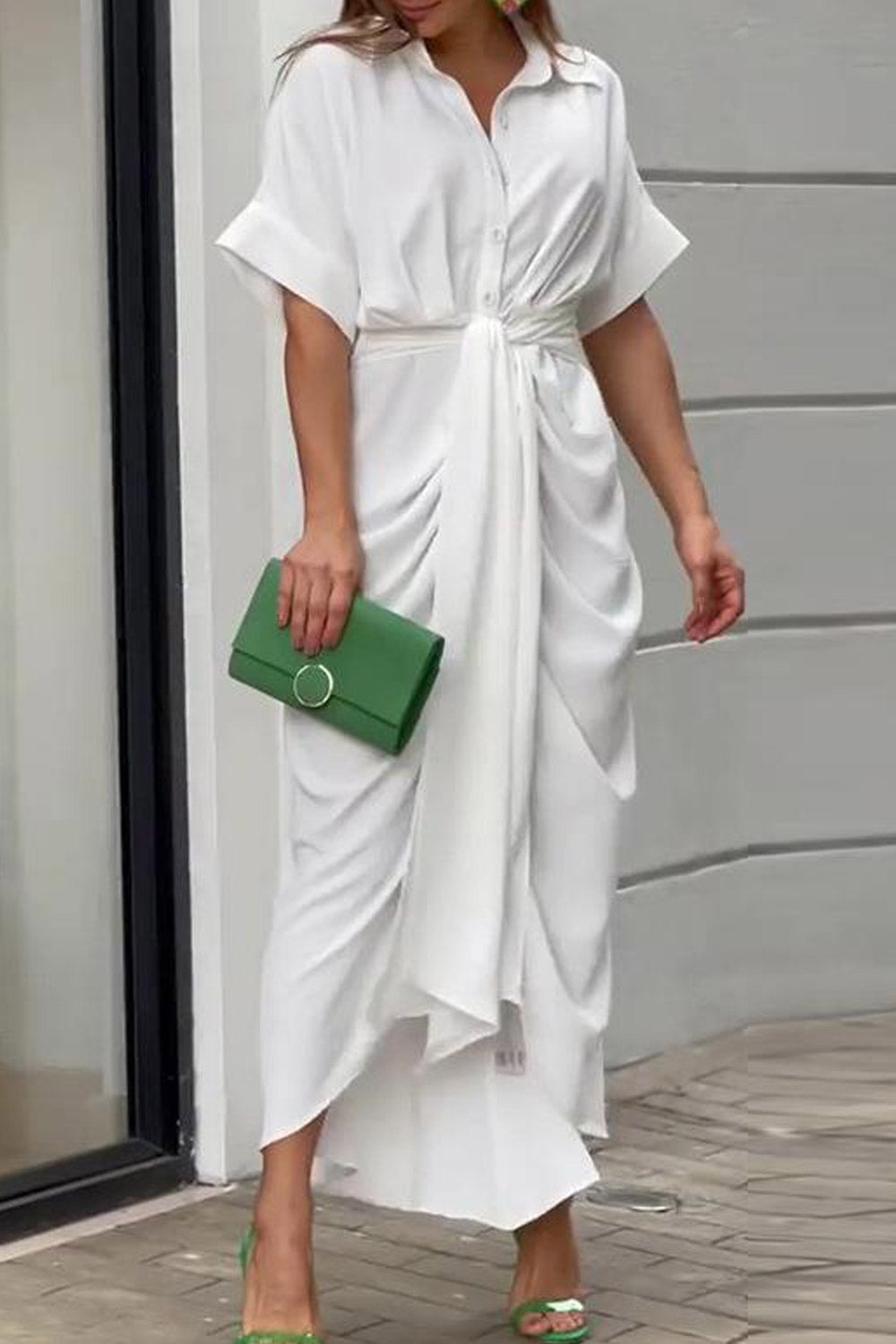 Women Summer Loose Pleated Design Short Sleeve With Button Lapel Lace-Up Solid Shirt Dress