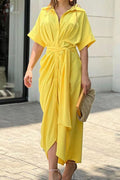 Women Summer Loose Pleated Design Short Sleeve With Button Lapel Lace-Up Solid Shirt Dress