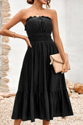 Women Corset Waist Hollow Flower White Eyelet Strapless Midi Dress